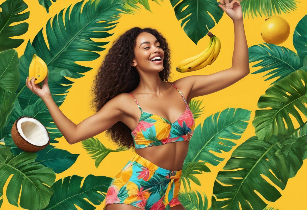 A whimsical and colorful illustration depicting a banana and coconut in a playful dance, surrounded by tropical leaves. The banana is anthropomorphized, cheerfully engaging with a confident female figure celebrating body positivity, wearing a vibrant beach outfit. Bright tropical fruits and vibrant, playful patterns fill the background, promoting a sense of joy and self-love. Bright and cheerful style. vibrant colors. playful art.