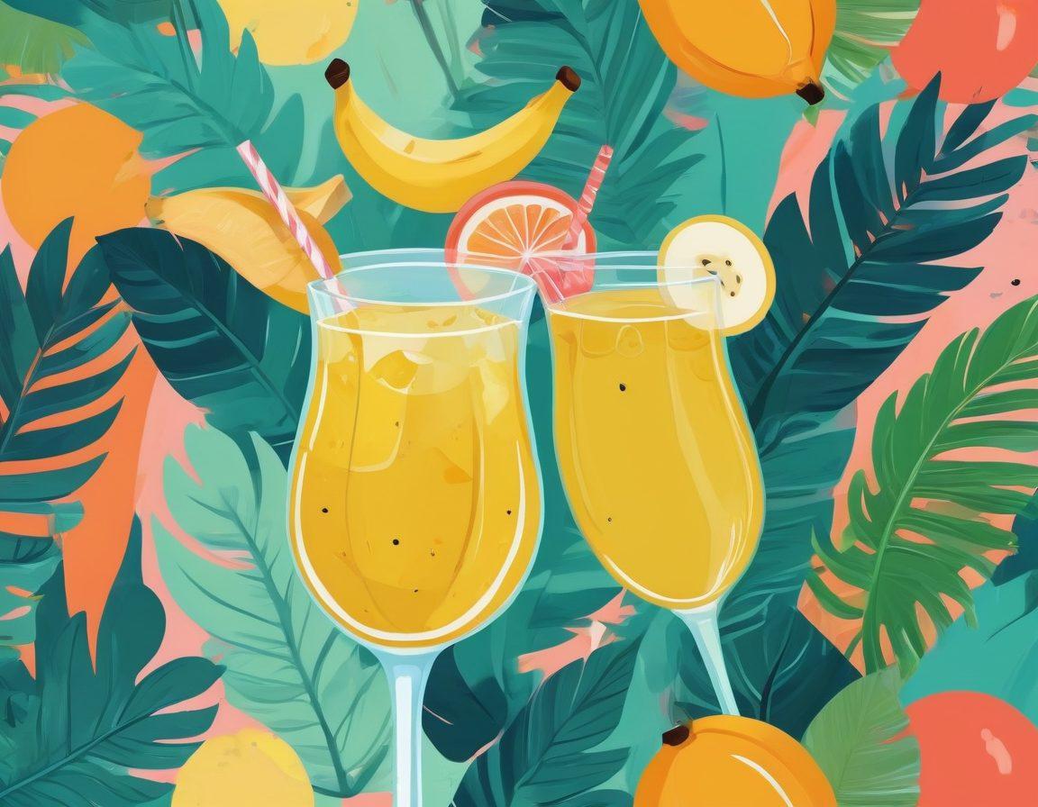 A playful illustration featuring a whimsical cocktail glass with a banana-shaped straw, surrounded by curvy, cartoonish bosoms joyfully enjoying life. Use bold, vibrant colors to evoke a sense of humor and bliss, with a lush tropical background filled with palm leaves and fruits. The image should radiate positivity and fun, capturing the essence of laughter and carefree living. vector art. vibrant colors. playful style.