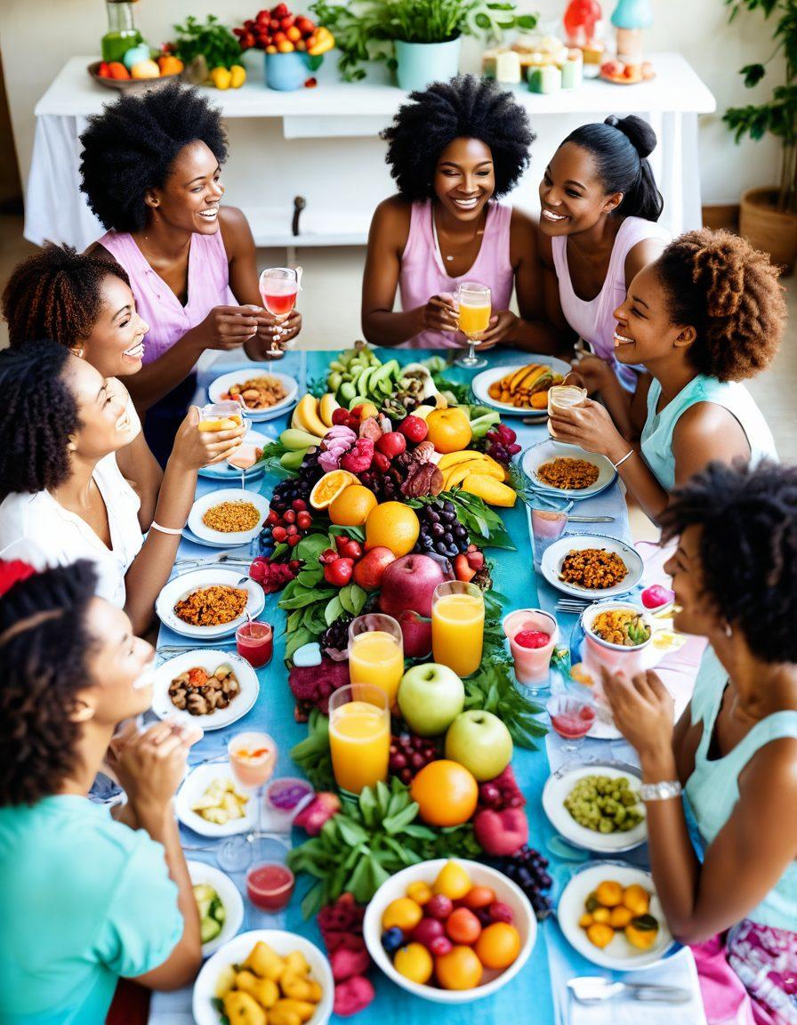 A cheerful scene of diverse women gathered around a beautifully set table, sharing laughter and sipping colorful beverages infused with fruits. One woman entertains the group with a humorous gesture while a delicious spread of healthy recipes is visible, showcasing vibrant dishes and desserts. The background features pastel colors and decorations that evoke a festive atmosphere. The overall mood is joyful and relaxed, promoting wellness and camaraderie. vibrant colors. cheerful illustration.